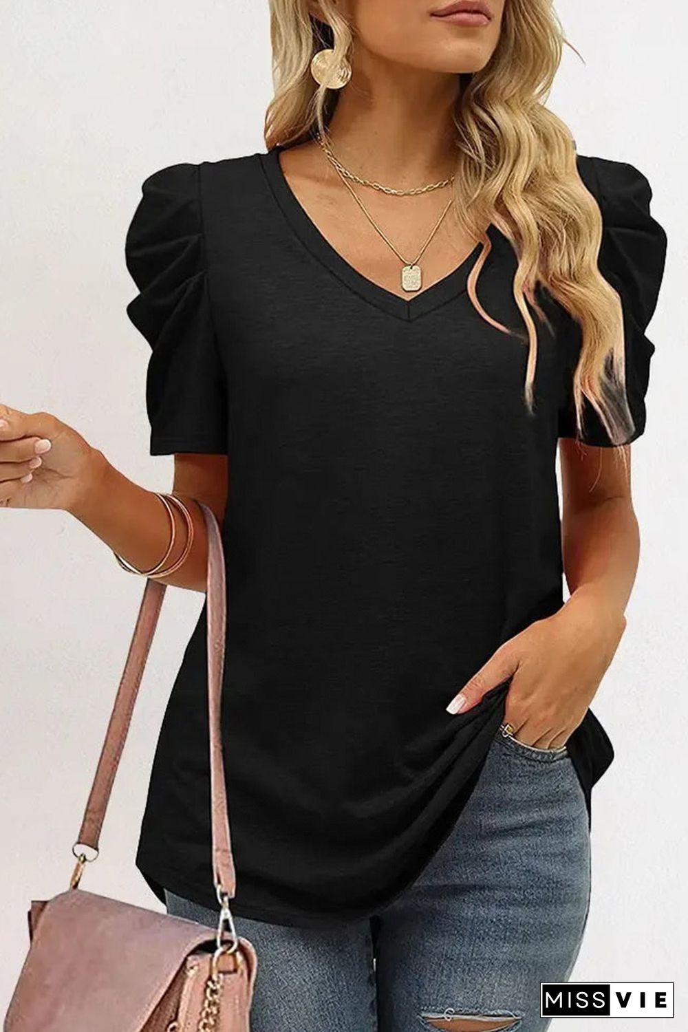 Black Puff Sleeve V-Neck T-Shirt