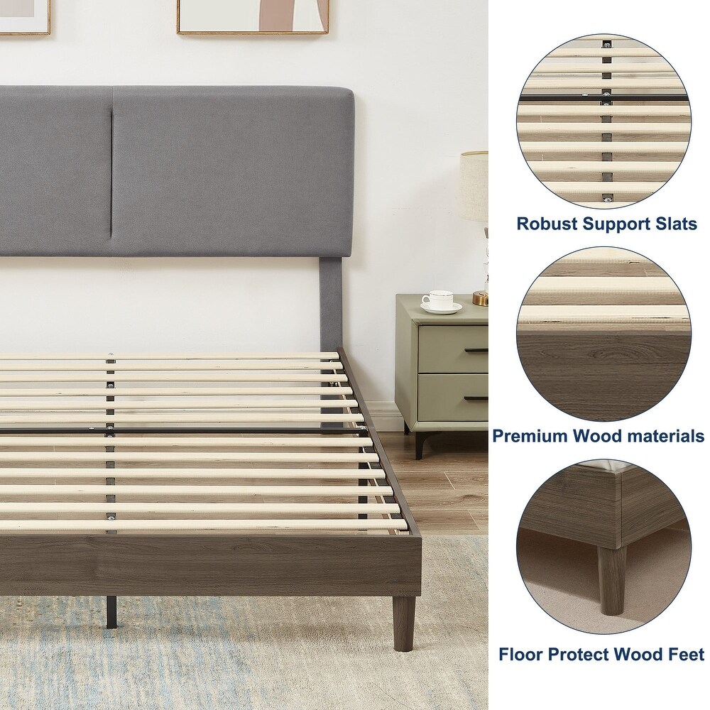 Javlergo Upholstered Bed Frame with Linen Fabric Adjustable Headboard  Strong Wood Slats Supports  No Box Spring Needed