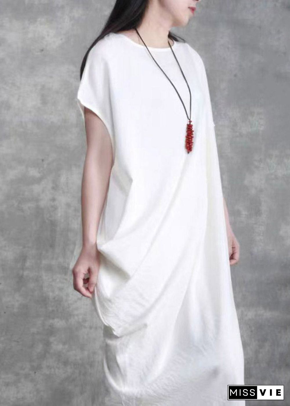 Plus Size White O-Neck Asymmetrical Wrinkled Linen Dress Short Sleeve