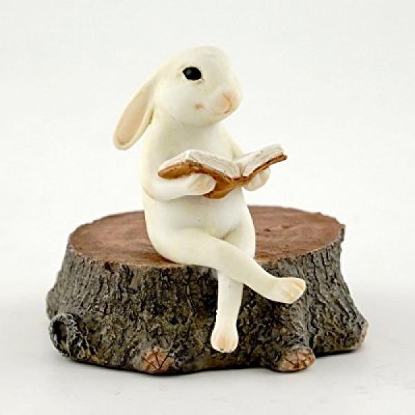 Top Collection Miniature Fairy Garden & Terrarium Bunny Reading on Stump Statue, Small