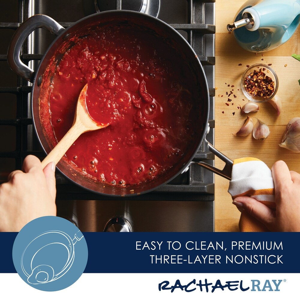 Rachael Ray Cook + Create Hard Anodized Nonstick Saucier Sauce Pan with Lid and Helper Handle  4.5 Quart  Black