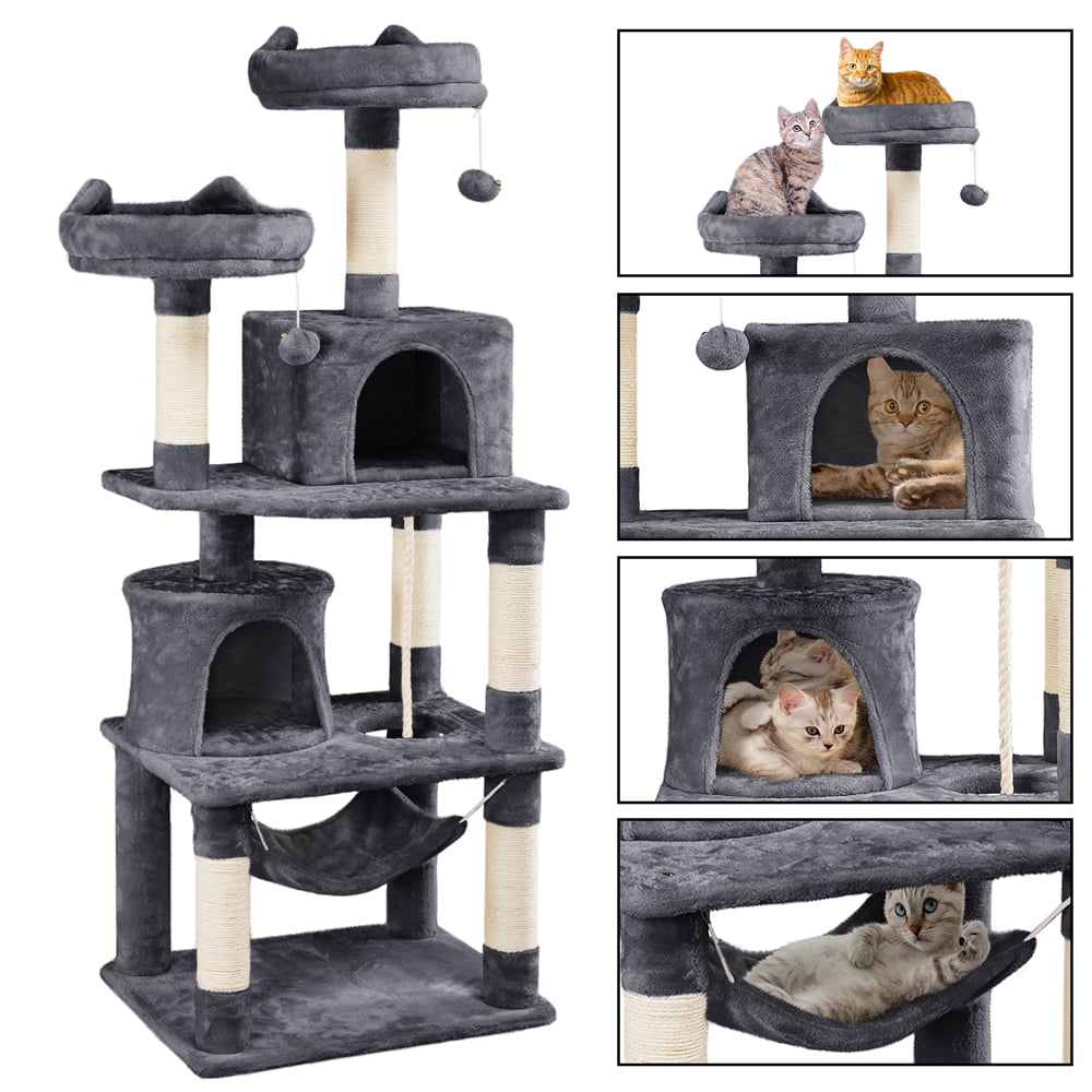 SMILE MART 62.2" Double Condo Cat Tree and Scratching Post Tower, Dark Gray