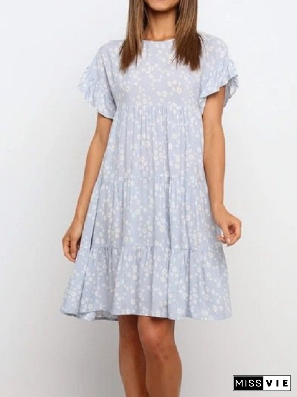 Floral Printed Short Sleeve Splicing Dress