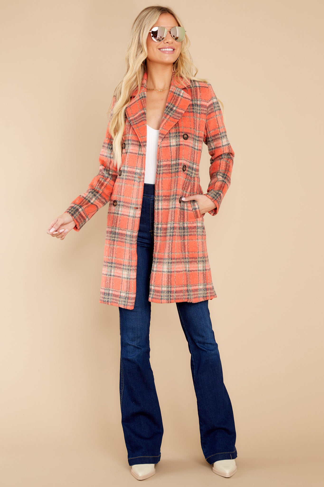 Always A Possibility Coral Orange Plaid Coat