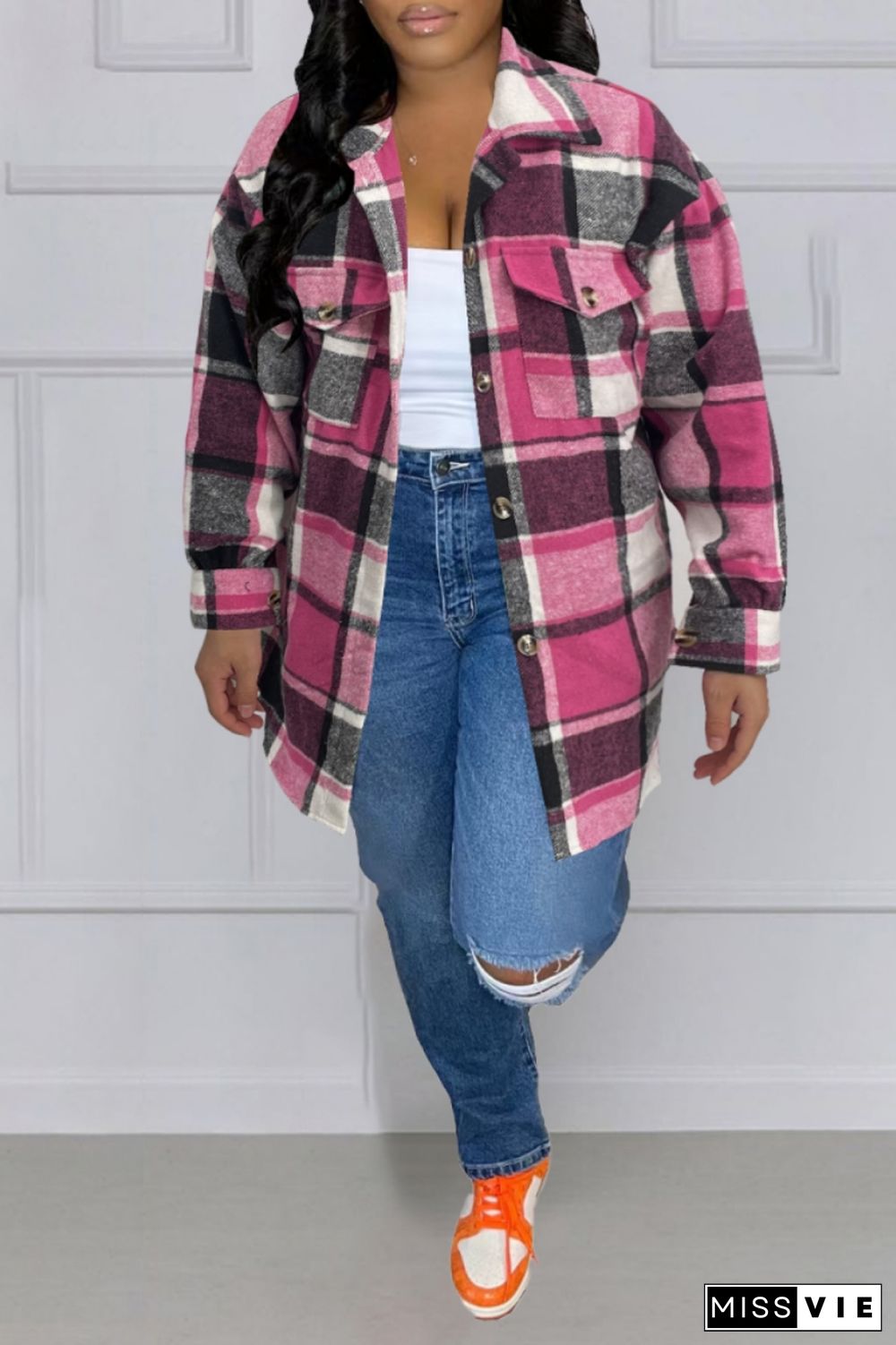 Rose Red Casual Plaid Patchwork Shirt Collar Tops