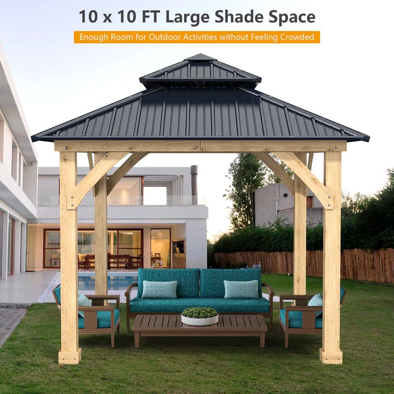 10 x 10 FT Outdoor Patio Hardtop Gazebo with Wood Frame & 2-Tier Metal Roof, All-Weather Gazebo Pergolas Shelter