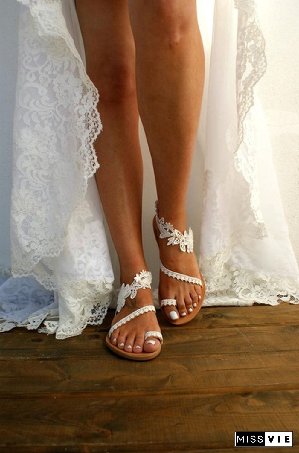 Women flat lace sandals wedding white leather sandal white leather heels shoes Pearl wedding shoes