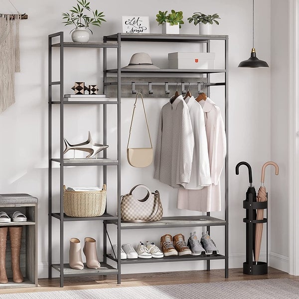 71in Industrial Freestanding Closet Organizer， Clothes Rack Hall Tree with Storage Bench