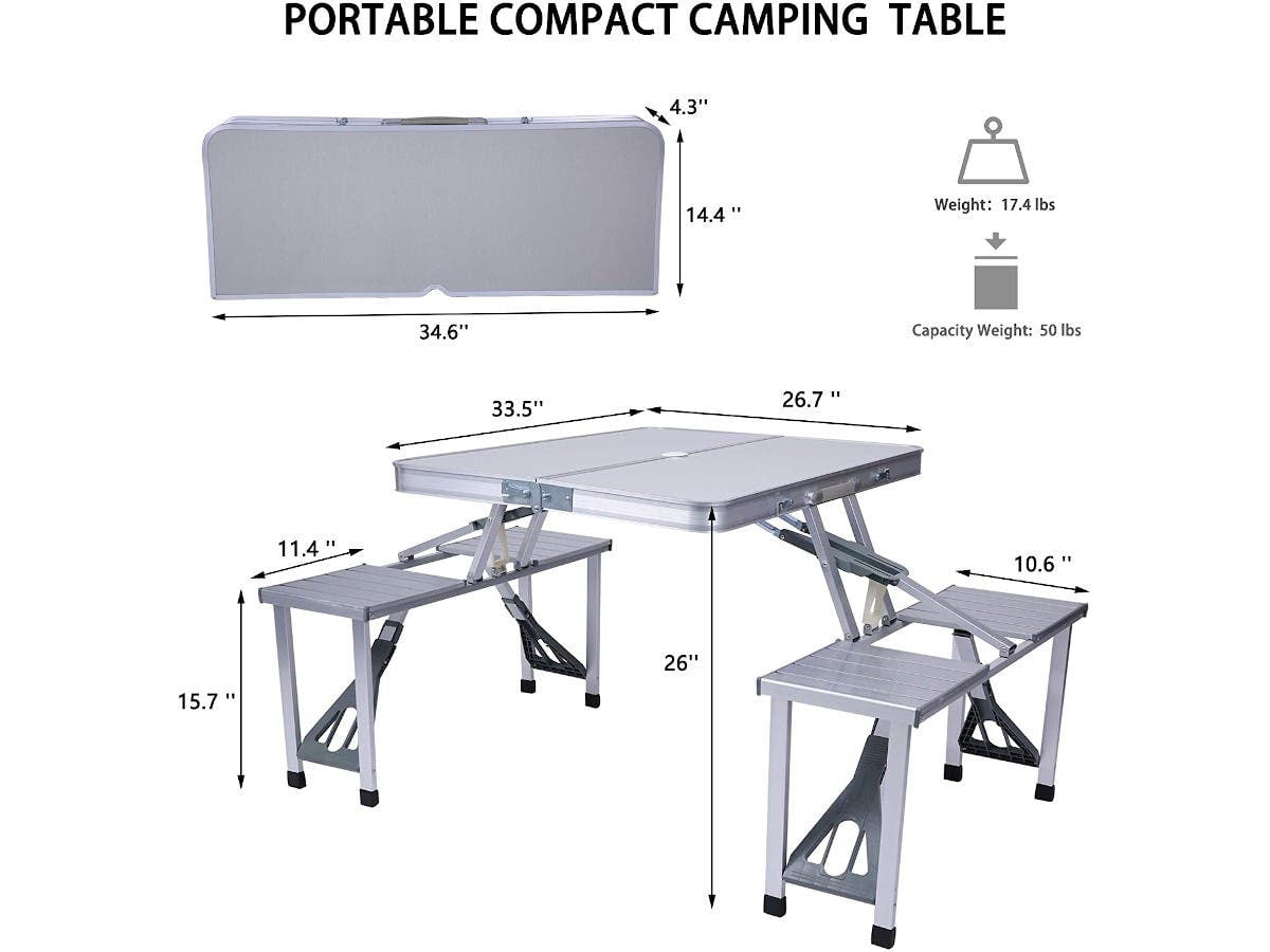 Folding Camping Table Chair Set - Silver, Aluminum Suitcase Portable Camping Picnic Table with 4 Seats, Umbrella Hole for Party, BBQ, Beach, 34.5 x 4.6 in