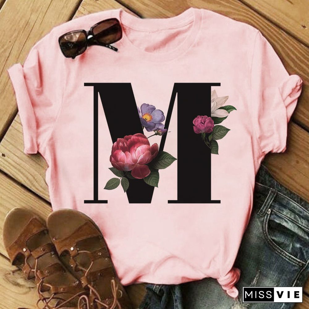 26 Letter Alphabet A-Z Women T-Shirts Fashion Breathable Flowers Short Sleeve Casual Tops Couple Basic Tee Crew Neck Clothes Top