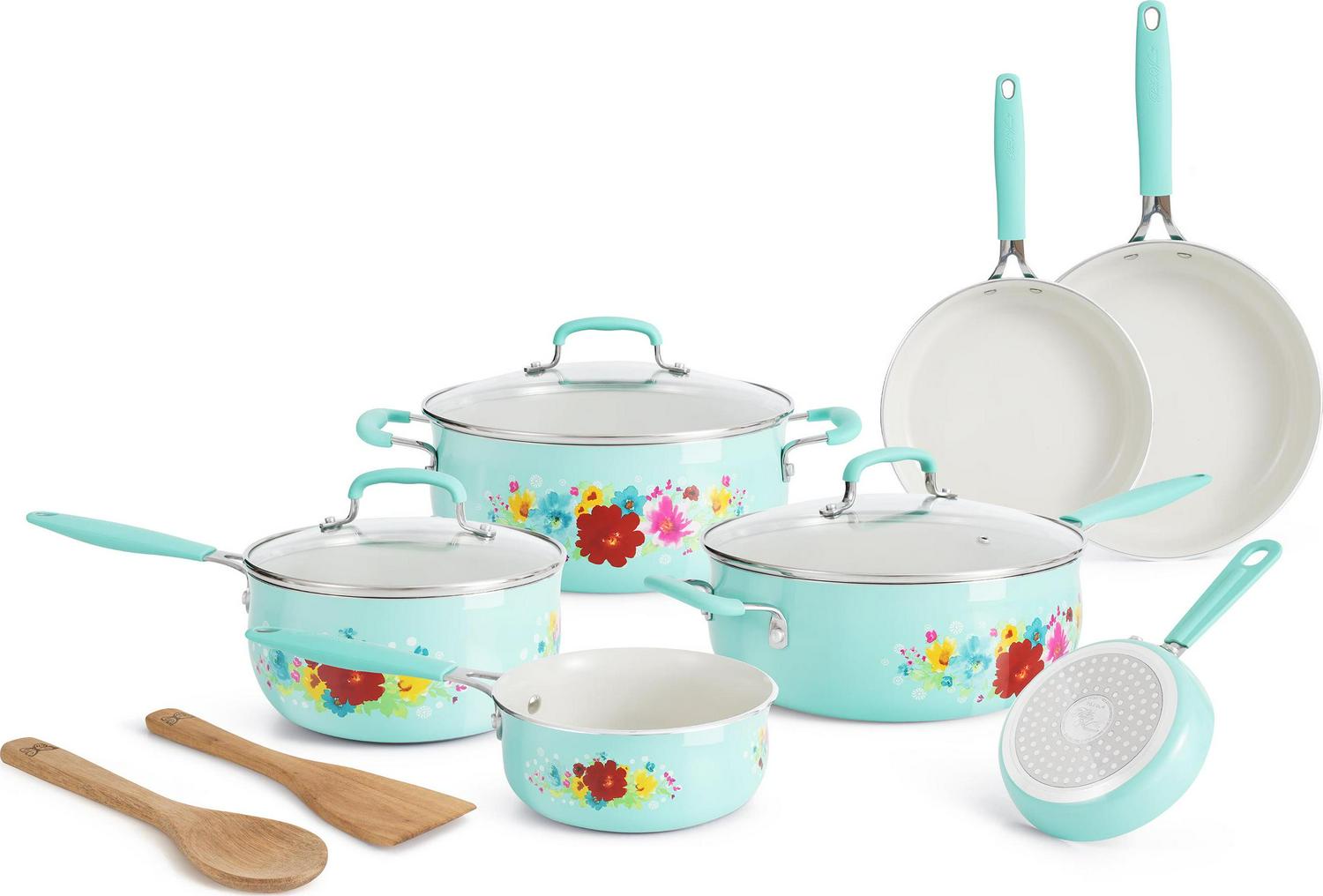 The Pioneer Woman Classic Ceramic Breezy Blossom Cookware Set， 12 Piece Set