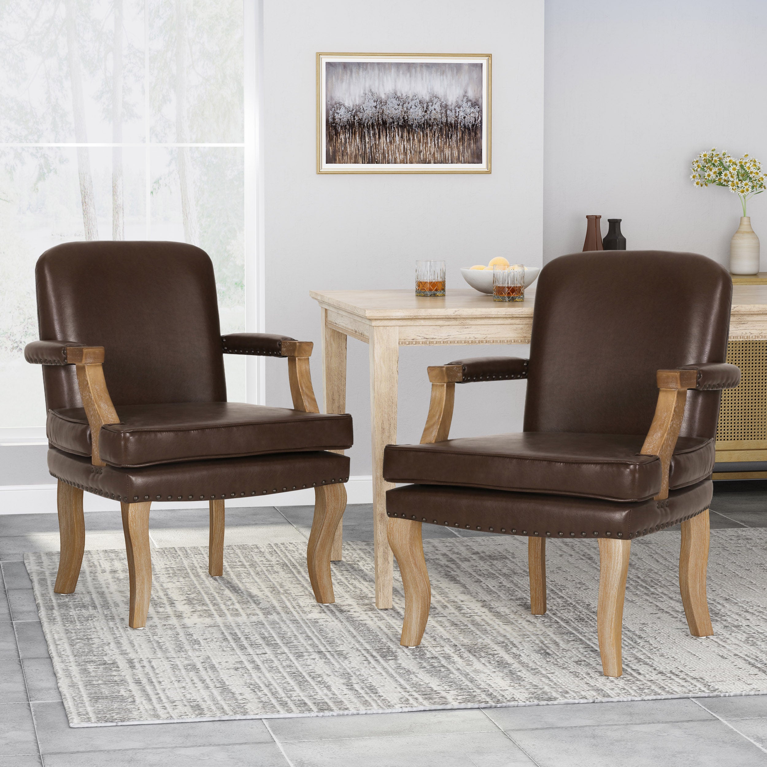 Tim French Country Dining Arm Chair with Nailhead Trim, Set of 2