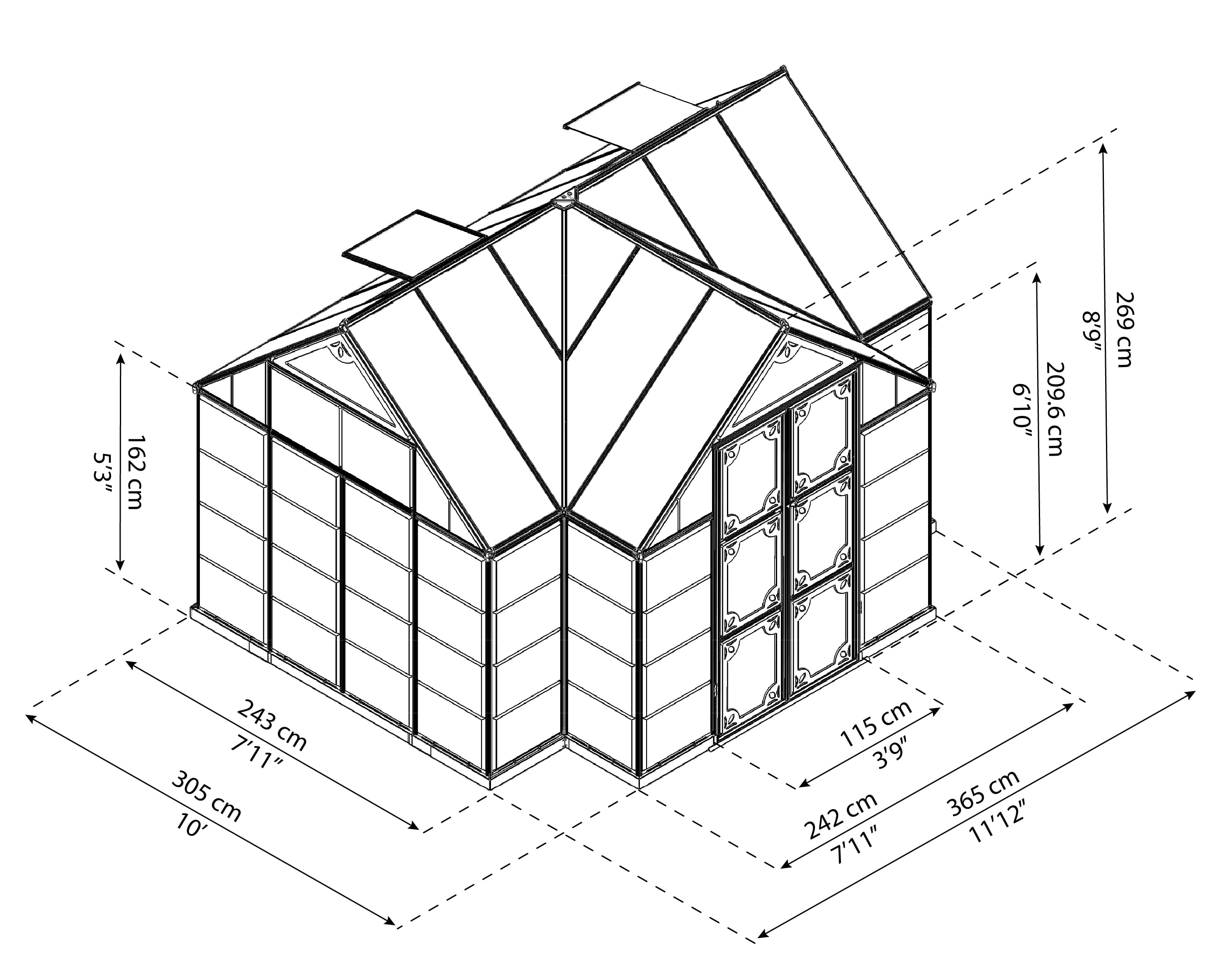 Palram - Canopia Chalet Four Season - 12' x 10' - Walk-In Hobby Greenhouse - Charcoal Gray - with 2 Roof Vents