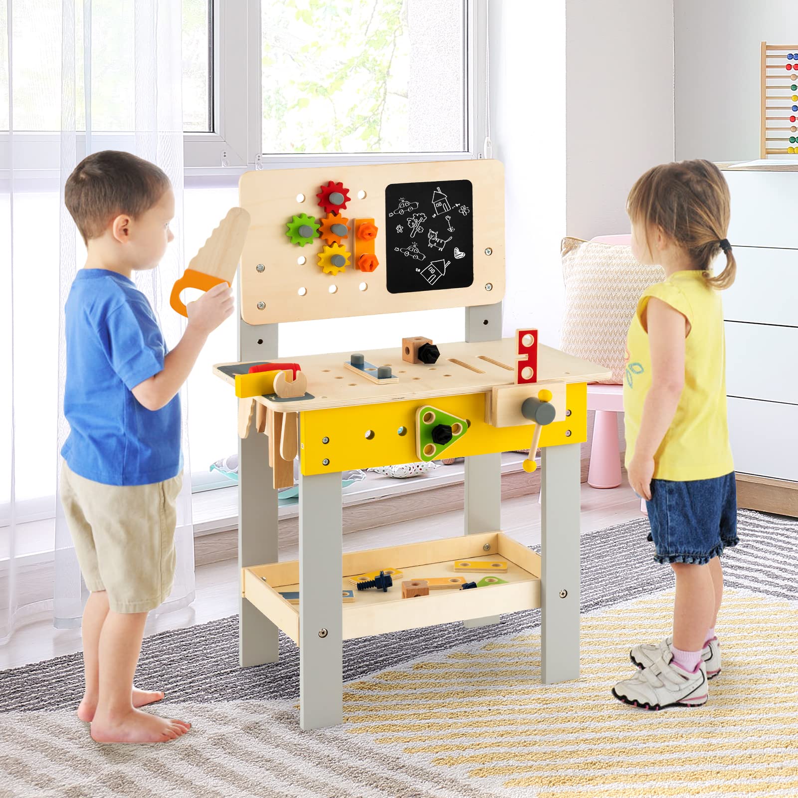 Costzon Kids Tool Bench, Wooden Workbench with 41 Toy Tools and Accessories, Realistic Pretend Play