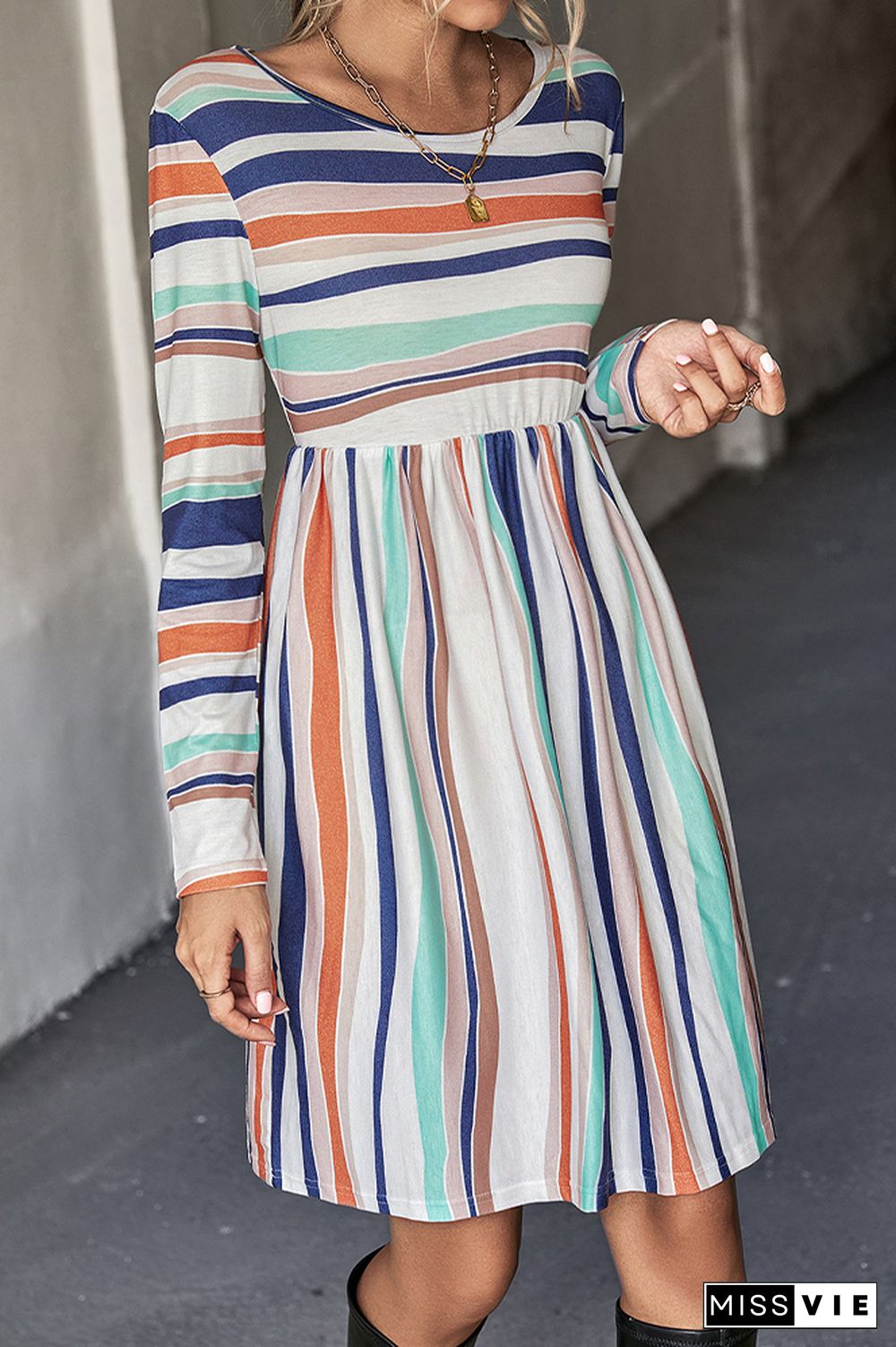 Color Block Stripes Long Sleeves Dress