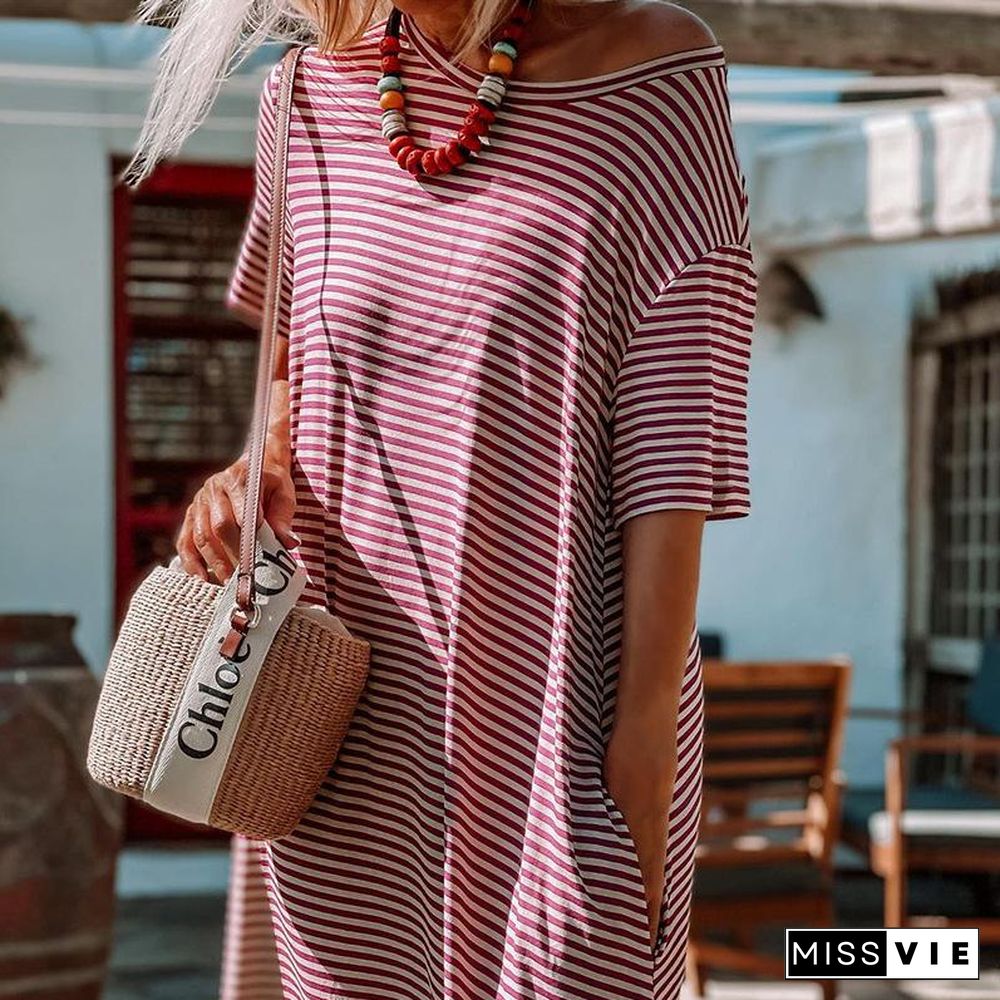 Stripe Contrast Short Sleeve Casual Daily Long Dress