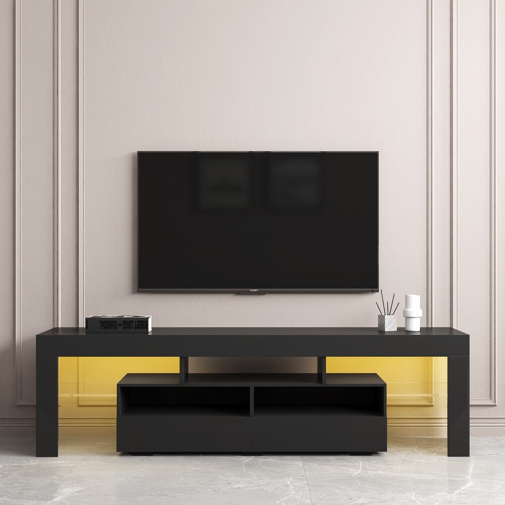 Modern Furniture TV Stand with 2 Drawers   2 Open Shelves  TV Cabinet Media Entertainment Center with 20 Color LED Remote Lights