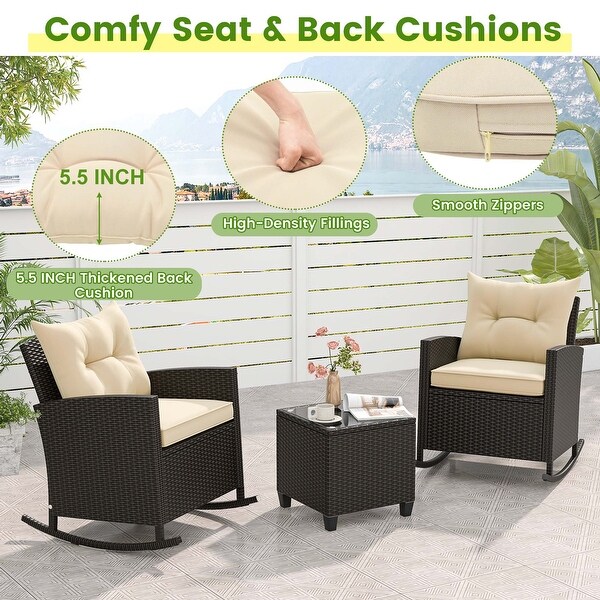 Costway 3 PCS Patio Wicker Rocking Set with Tempered Glass Table and