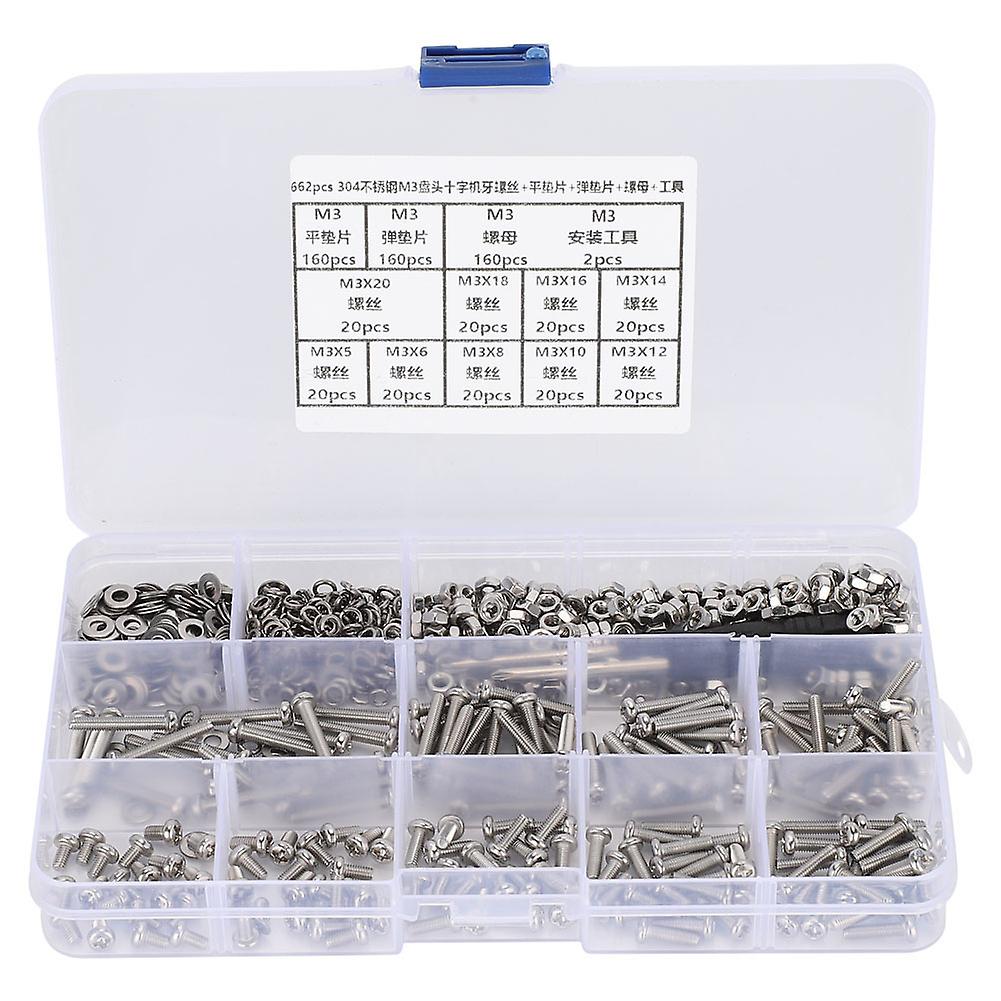 662pcs M3 Screws Nuts Pan Head Flat Washers Spring Washers Assortment Kit