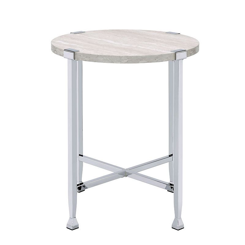 End Table with X Shaped Metal Base and Round Wooden Top，Silver and Beige