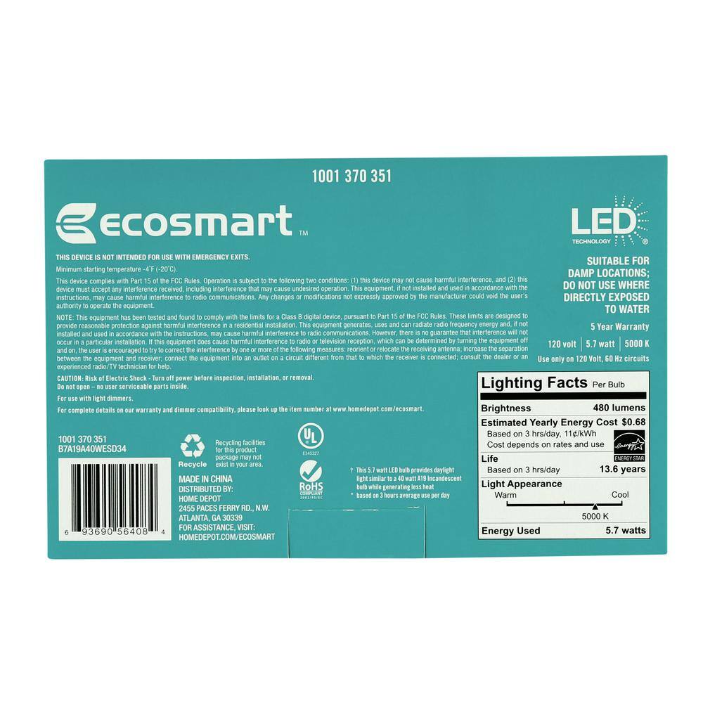 EcoSmart 40-Watt Equivalent A19 Dimmable Energy Star LED Light Bulb Daylight (4-Pack) B7A19A40WESD34