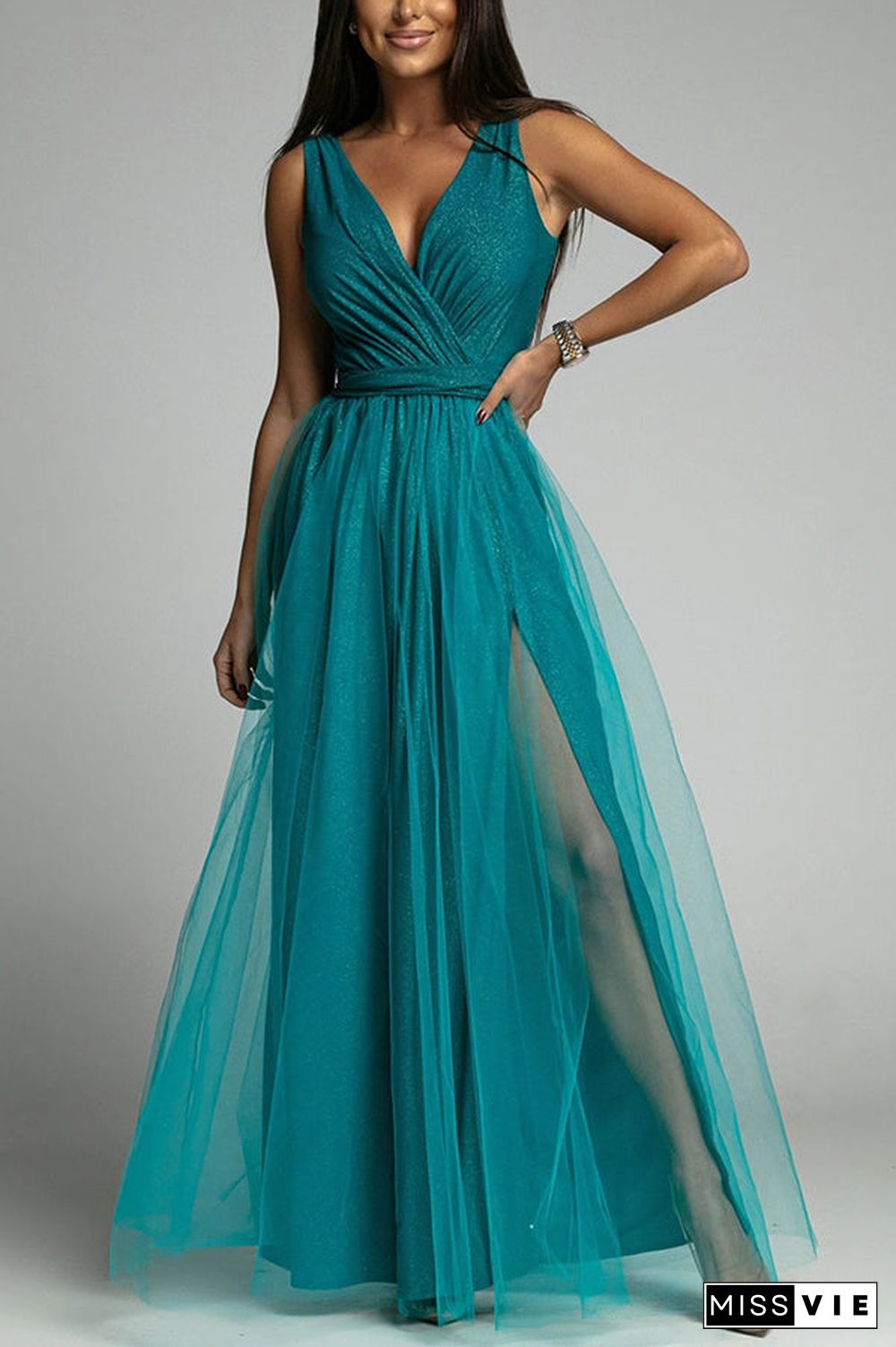 It'S My Day Light Tulle Slit Maxi Dress