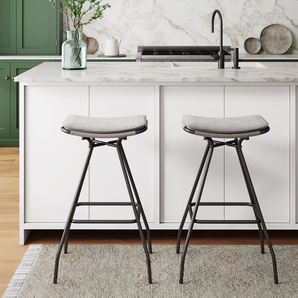 Nathan James Dominique Industrial Backless Kitchen Bar Stool with Brown Leather Saddle Seat and Metal Base