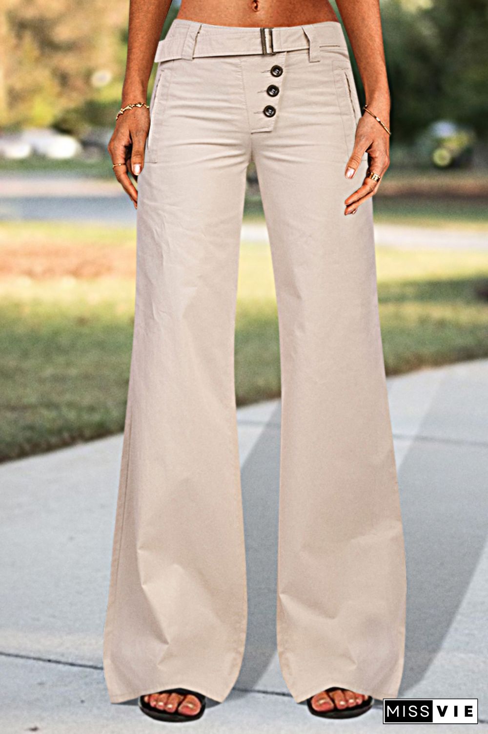 Button Fly Buckle Taped Low Waist Wide Leg Pants