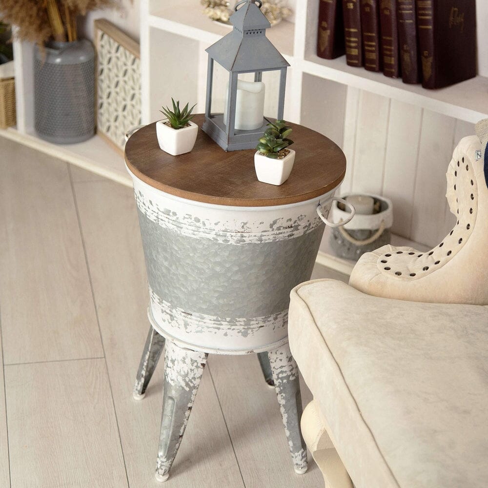 Farmhouse Accent Side Table - Galvanized Rustic End Table. Metal Storage Bin