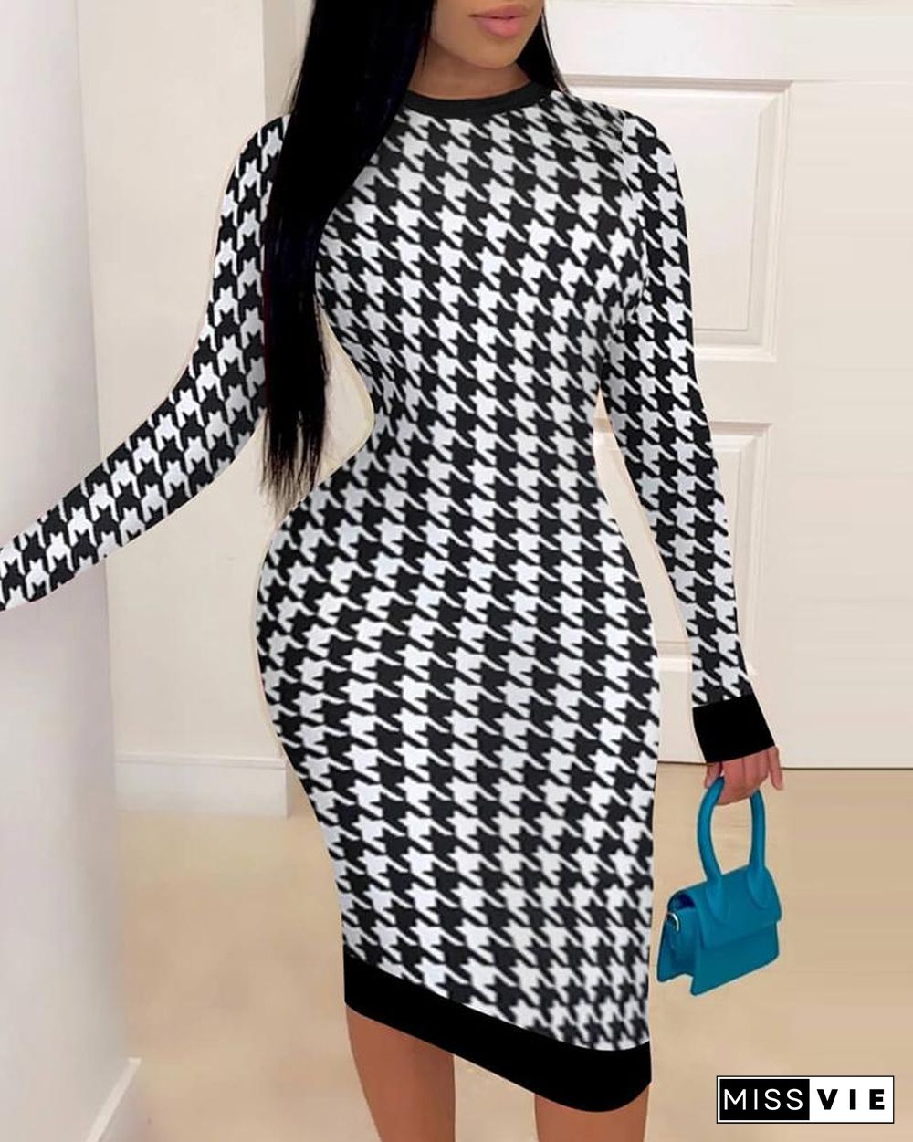 Houndstooth Print Long Sleeve Bodycon Dress P12376