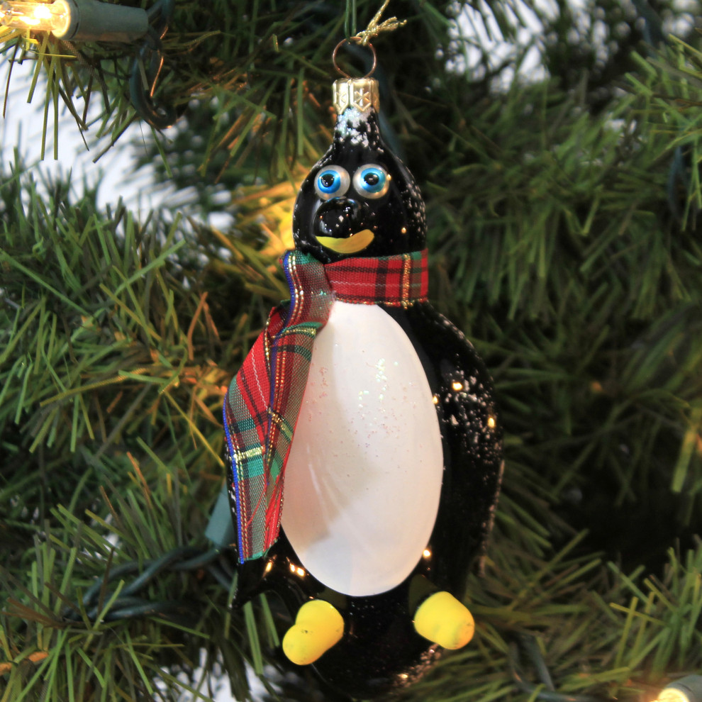 De Carlini Penguin With Plaid Scarf Glass Ornament Italian Bird A2166   Christmas Ornaments   by Story Book Kids Inc  Houzz