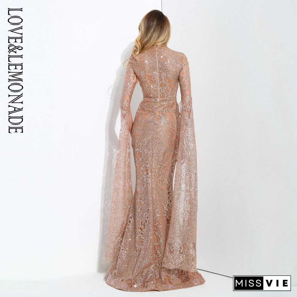 Rose Gold Cut Out Speaker Long Sleeve Geometry Glitter Glued Long Dress LM80950