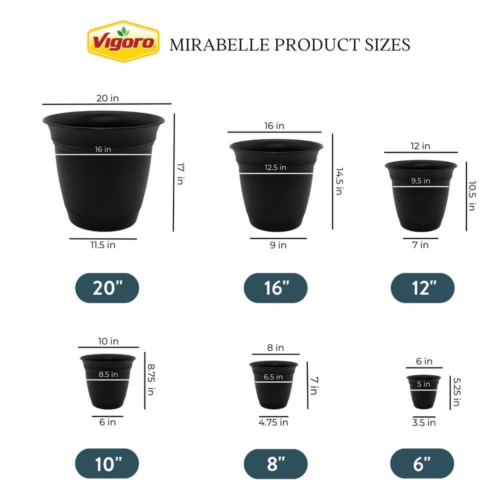 Vigoro 20 in. Mirabelle Large Black Plastic Planter (20 in. D x 17 in. H) with Drainage Hole and Attached Saucer ECA20000G18