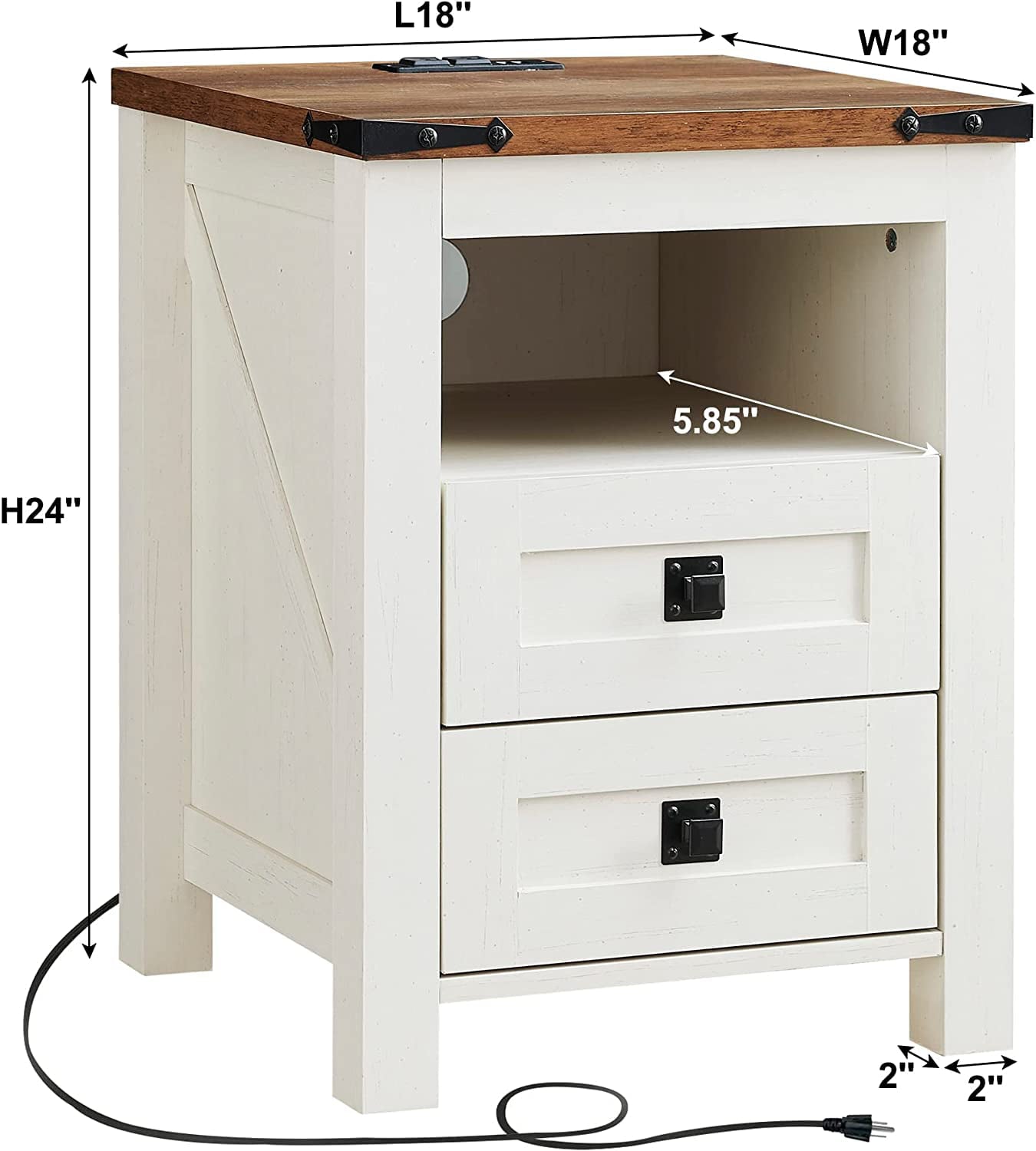 OKD Modern Farmhouse 2- Drawer Nightstand with Charging Station for Bedroom Living Room, End Table, Side Table, off White