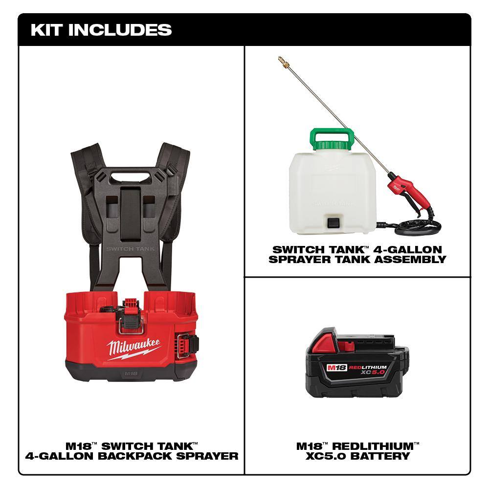 MW M18 18-Volt 4 Gal. Lithium-Ion Cordless Switch Tank Backpack Pesticide Sprayer with M18 5.0 Ah Battery 2820-20ps-48-11-1850