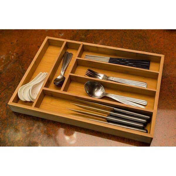 6 Slot Bamboo Drawer Organizer， Silverware Drawer Dividers， Flatware Tray， 17