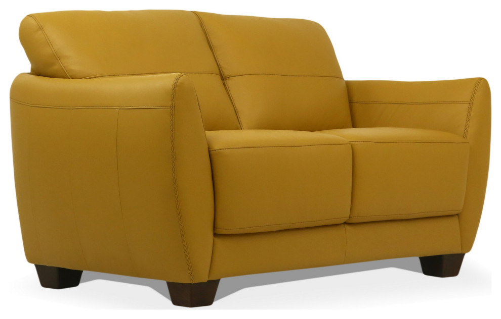 Leather Upholstered Loveseat With Tapered Block Feet And Flared Arms Yellow   Contemporary   Loveseats   by VirVentures  Houzz