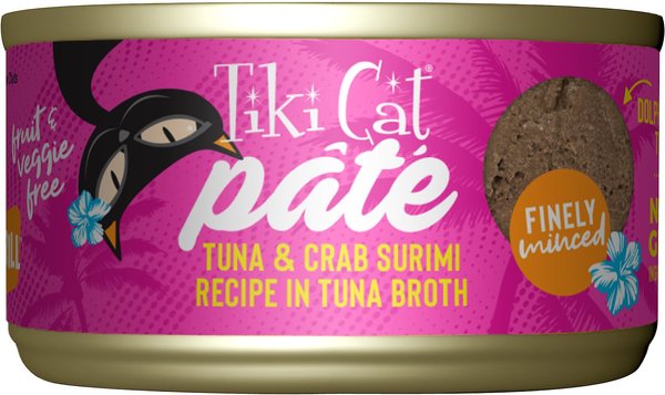 Tiki Cat Pate Tuna and Crab Surimi Recipe in Tuna Broth Wet Cat Food， 2.8-oz， case of 12