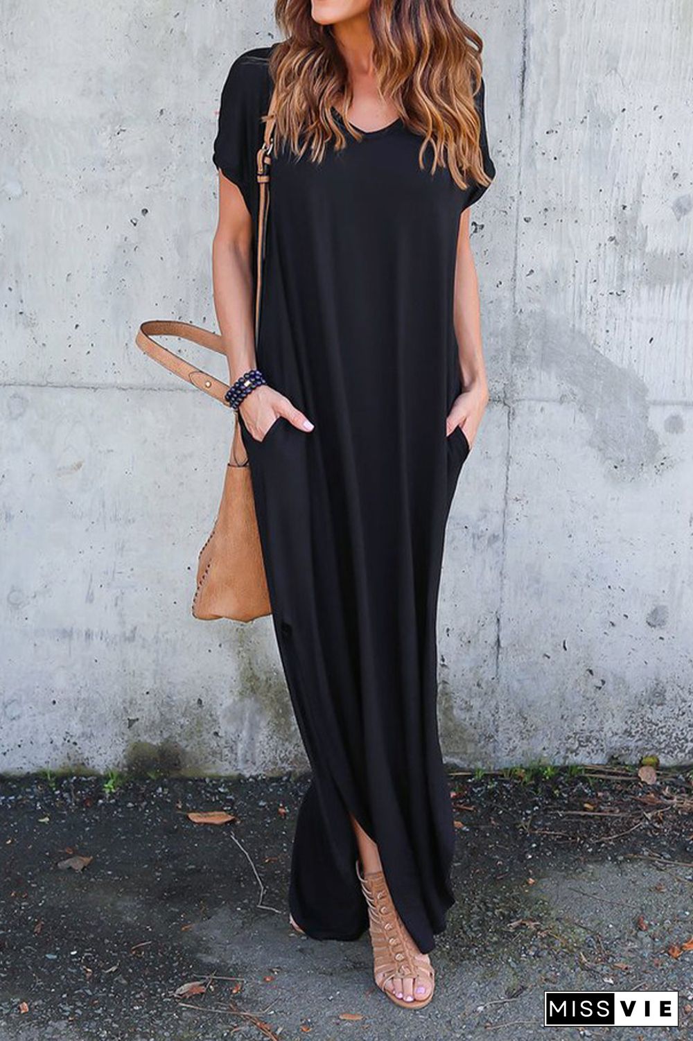 Black V Neck Split Maxi Dress