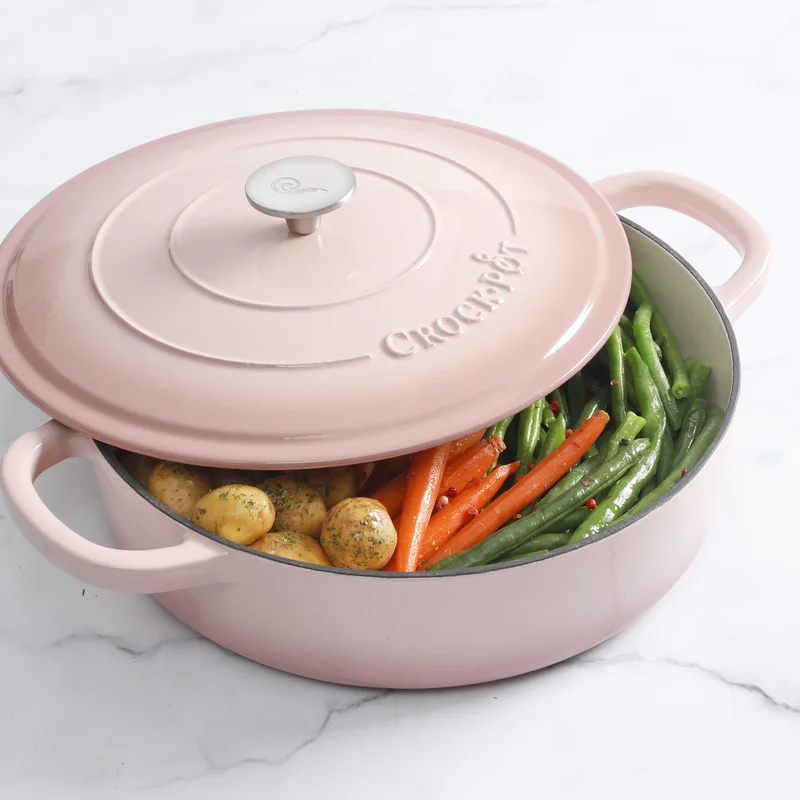 Crock-Pot Artisan 5 qt. Blush Pink Round Enameled Cast Iron Braiser Pan with Self Basting Lid