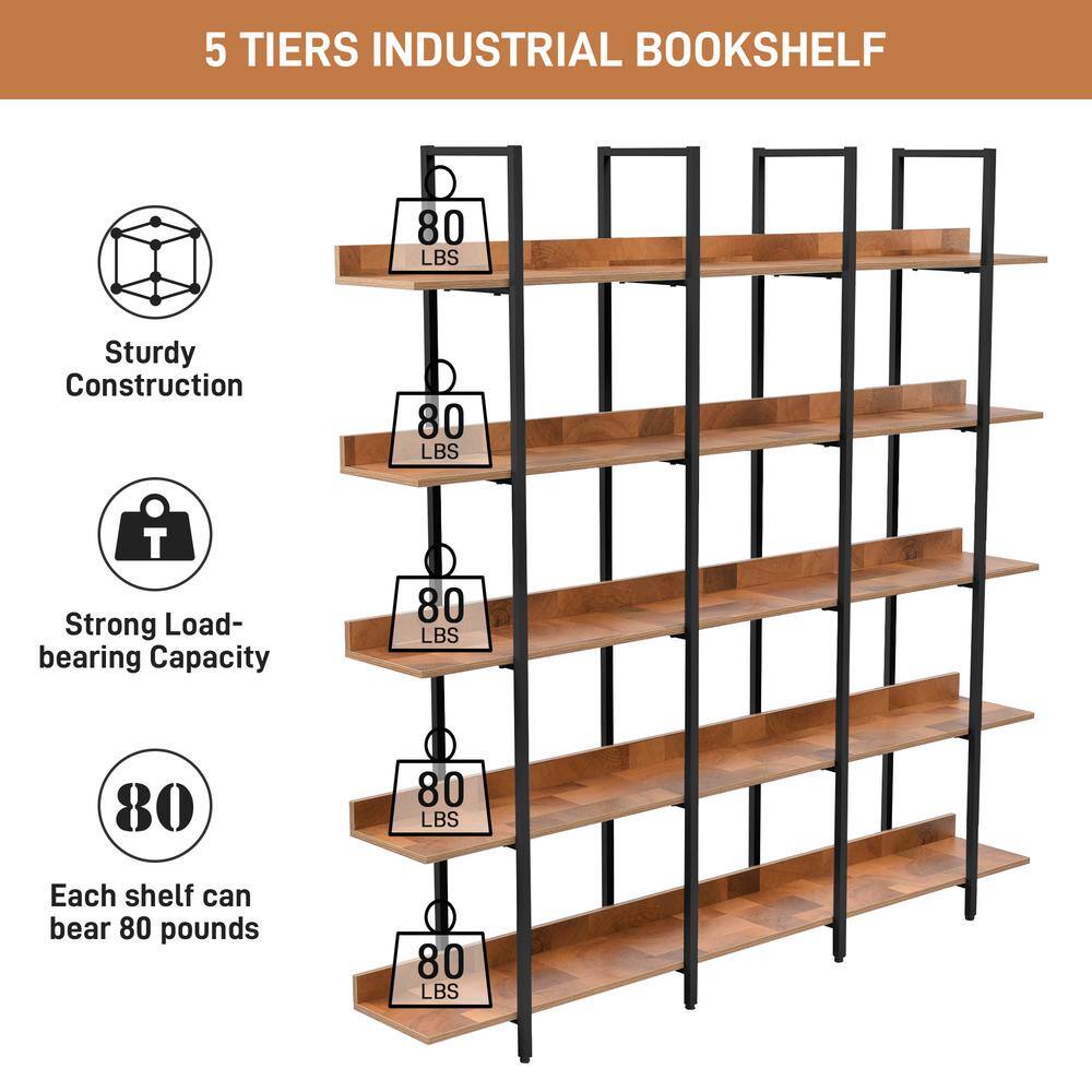 aisword Vintage Industrial 5 Tier Ladder Bookcase Open Bookshelf MDF Board Black Metal Frame - Black Frame Brown Board WF30093PBH5AAB