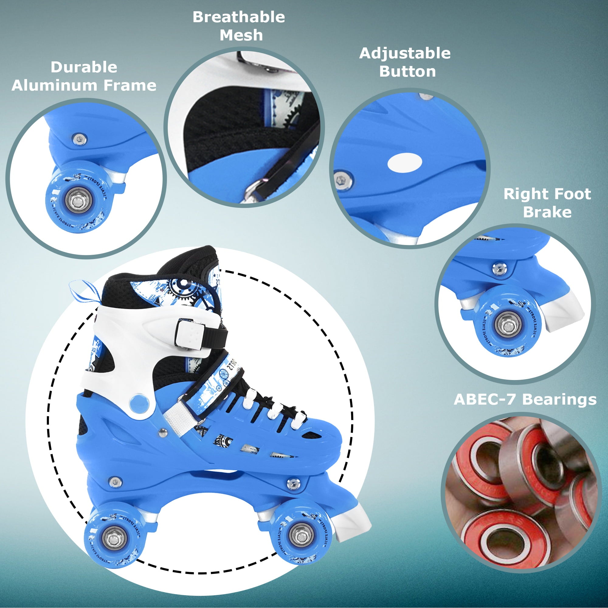 Adjustable Light Blue Quad Roller Skates For Kids Medium Sizes