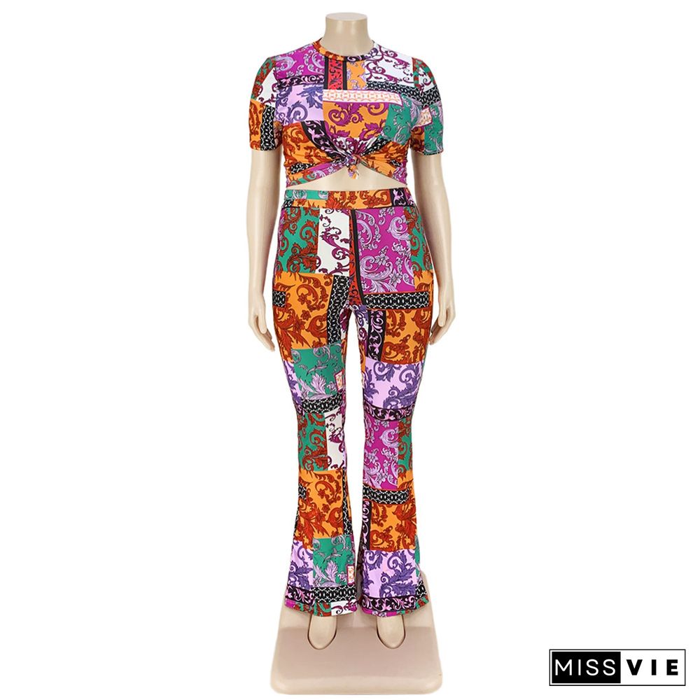 Plus Size Print Short Sleeve Crop Top Flared Pants Suit