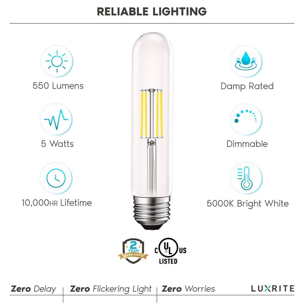 LUXRITE 60-Watt Equivalent T9 Dimmable Edison Tube LED Light Bulbs 5-Watt UL Listed 5000K Bright White 550 Lumens E26 (6-Pack) LR21656-6PK