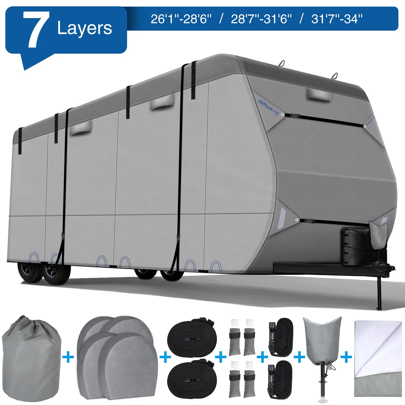 RVmasking 7 Layers Top RV Cover， 26-34' RV Covers for Travel Trailers Motorhome Anti-UV， Rip-Stop， Breathable with Tongue Jack Cover， 2Pcs Straps and Gutter Coversandnbsp;