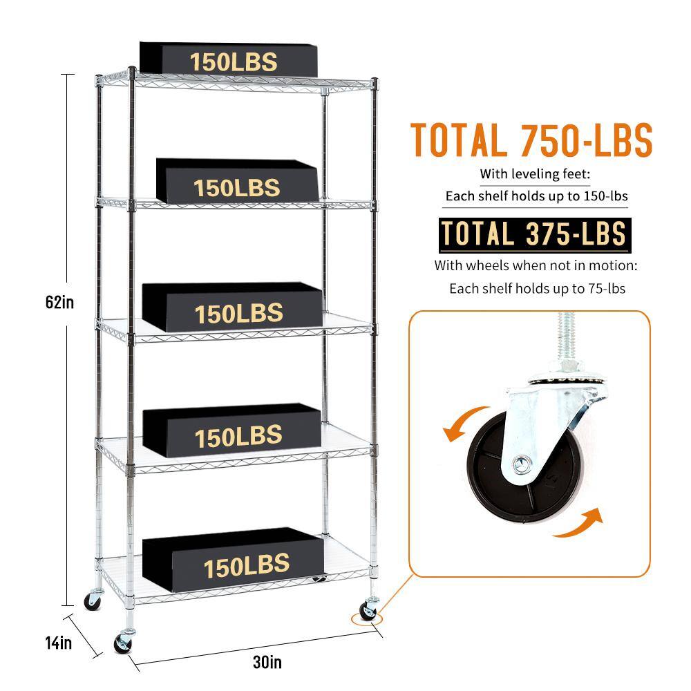 EFINE Chrome 5-Tier Rolling Carbon Steel Wire Garage Storage Shelving Unit with Casters (30 in. W x 63 in. H x 14 in. D) RL200-5CW