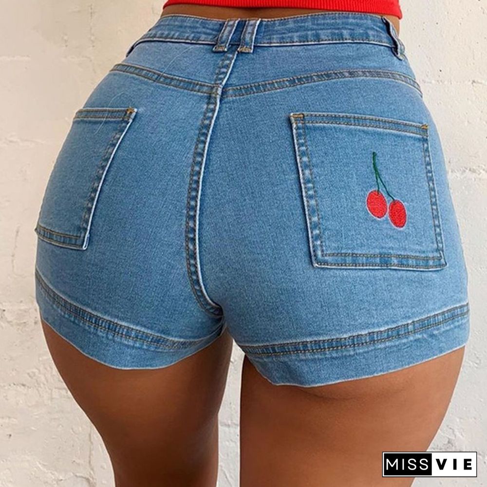 New Cherry Embroidery Summer Short Jeans Women's Fashion Slim Fit Denim Shorts