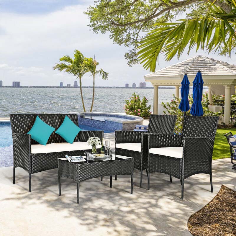 4 Pcs Rattan Patio Conversation Furniture Set Wicker Outdoor Sofa Set with Cushions & Coffee Table