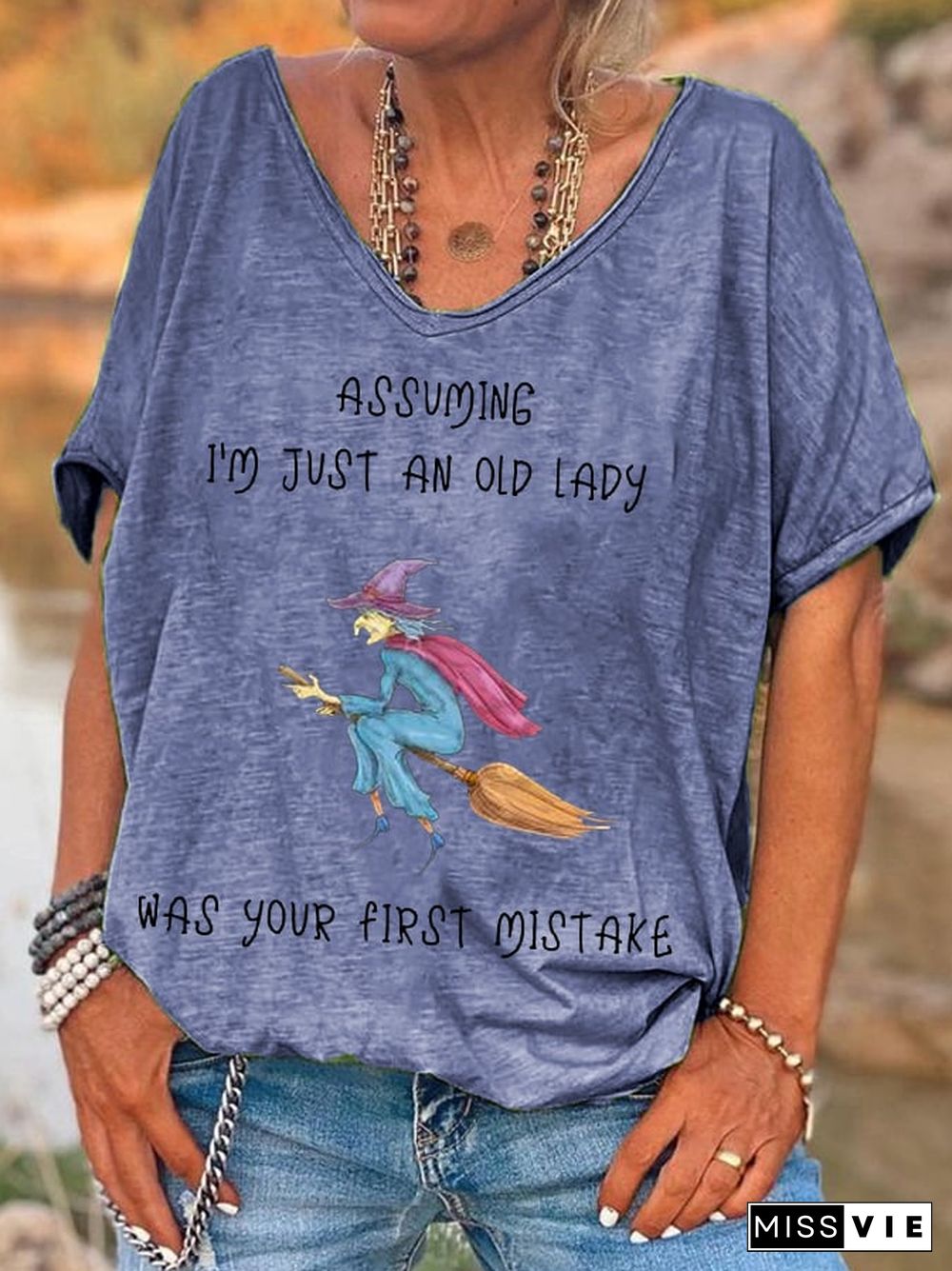 Women's Funny Witch Assuming I'm Just An Old Lady Was Your First Mistake Halloween V-Neck Tee