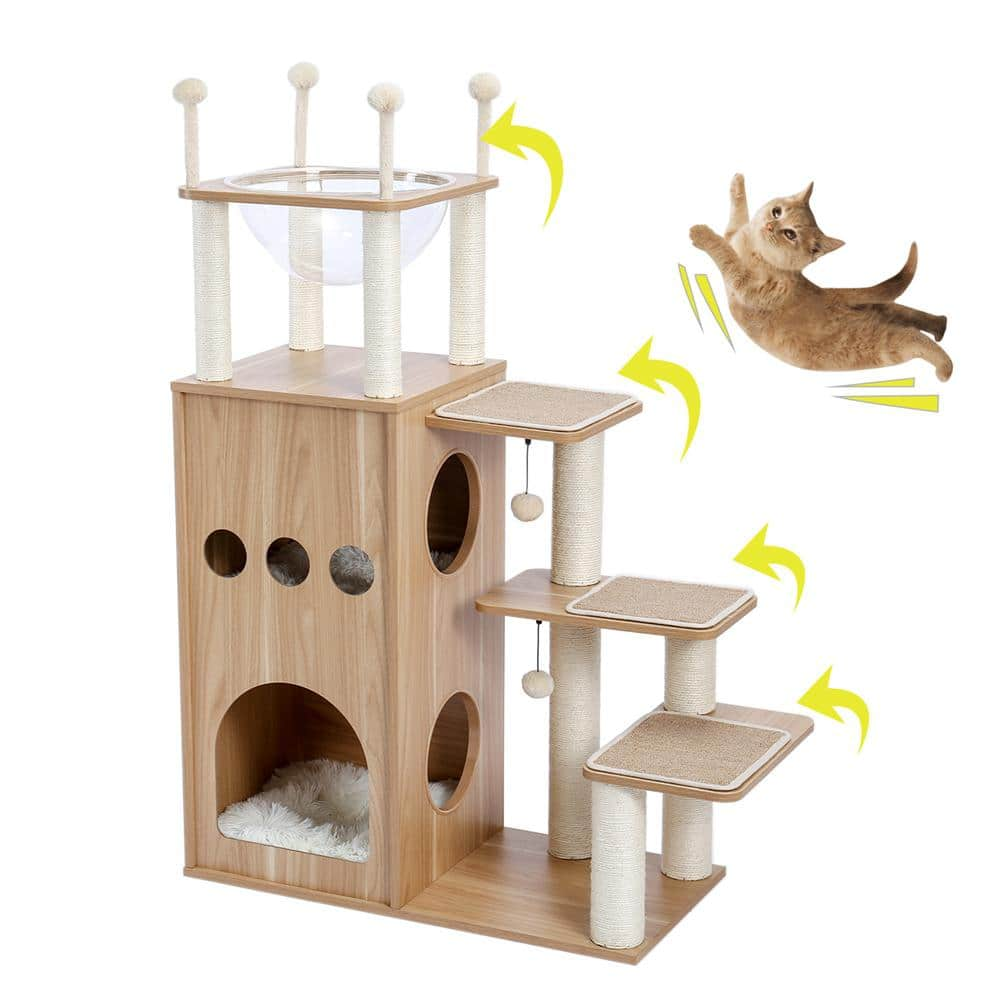 Foobrues 51.20 in. H Pet Cat Scratching Posts and Trees MDF Cat Tower with Fully Sisal Covering Scratching Posts in Beige LNN-P23168182